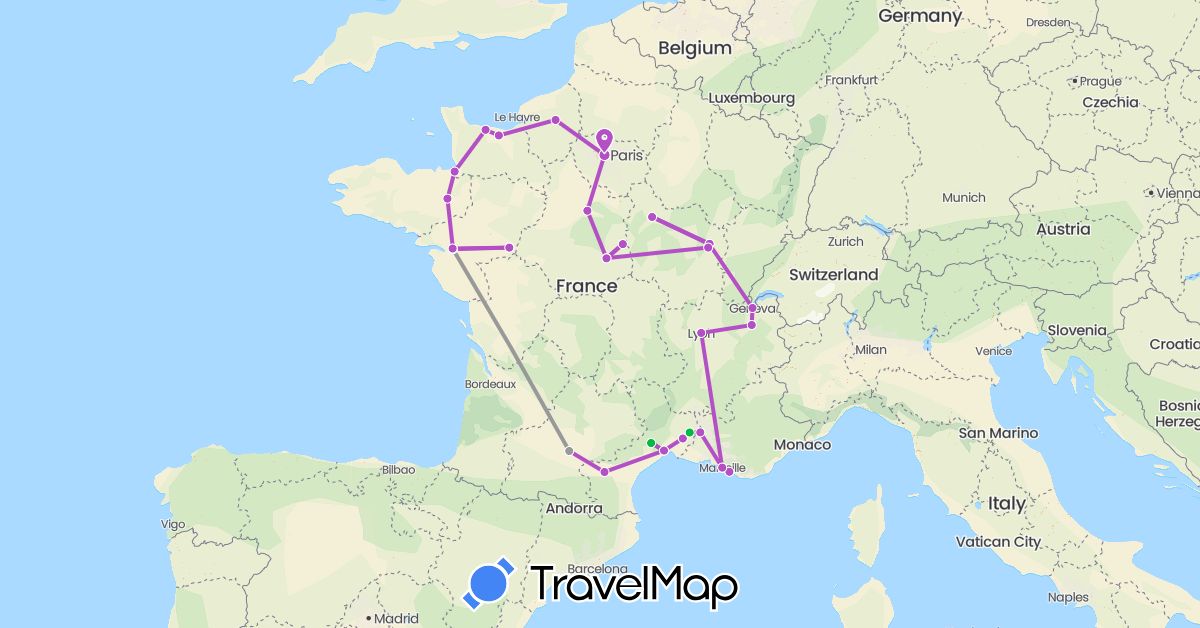TravelMap itinerary: driving, bus, plane, train in Switzerland, France (Europe)