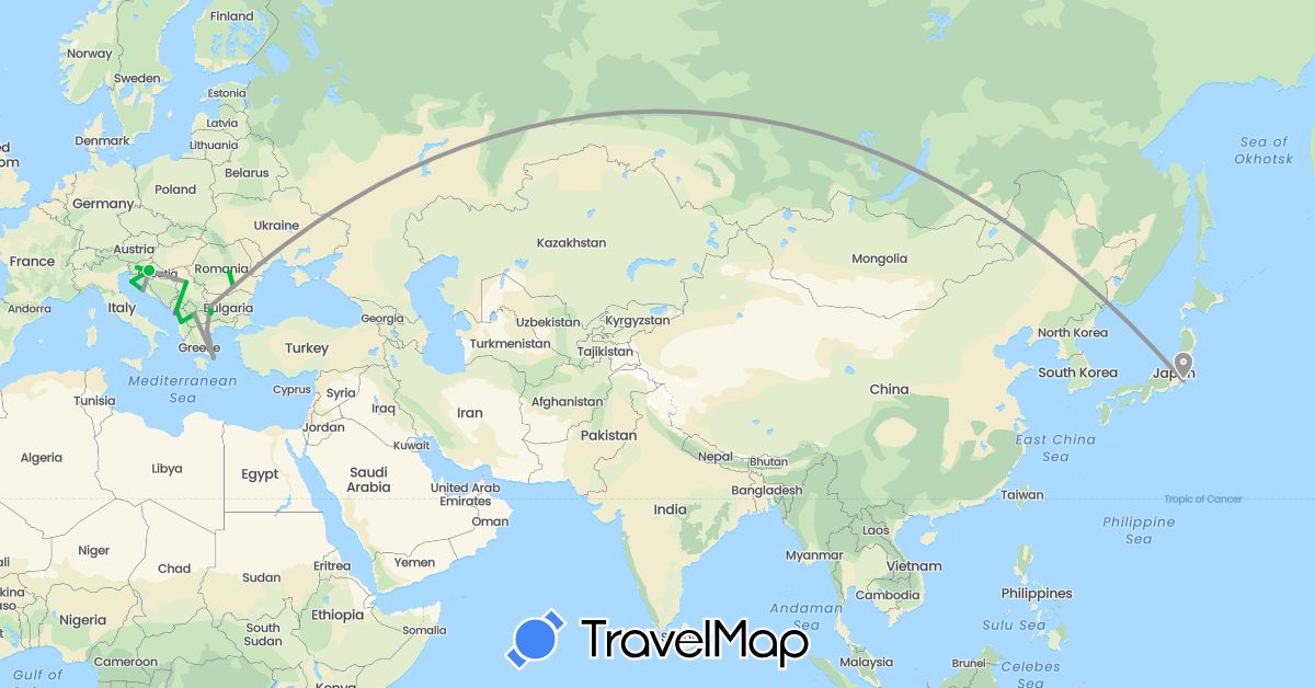 TravelMap itinerary: bus, plane, train in Albania, Bulgaria, Greece, Croatia, Japan, Montenegro, Macedonia, Romania, Serbia, Slovenia (Asia, Europe)
